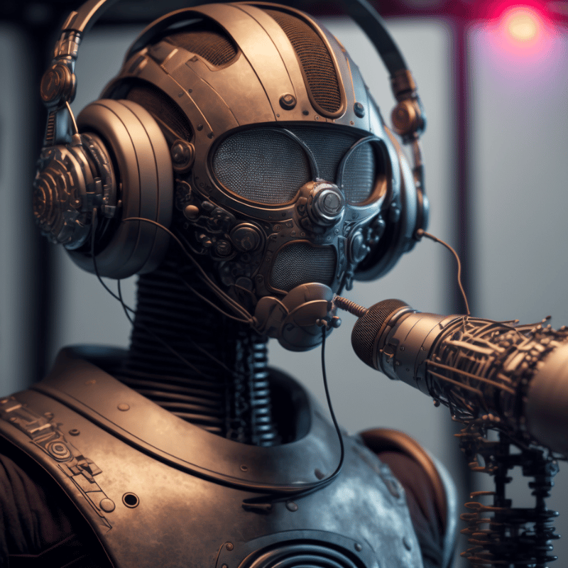 ChatGPT metallic hipster well-dressed android in a sci-fi recording studio with studio lighting, speaking into a shure sm7b professional studio microphone with pop filter with headphones on
